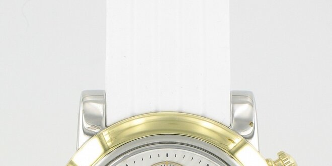 Ocelové hodinky Yves Bertelin so zlatými detailami a bielym pryžovým remienkom