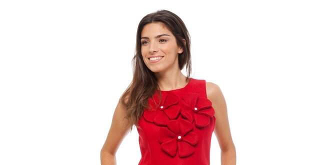 Dámske červené vlnené šaty Strena s velkými kvetmi