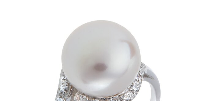 Dámsky strieborný prsteň s bielou perlou a zirkónmi Orchira