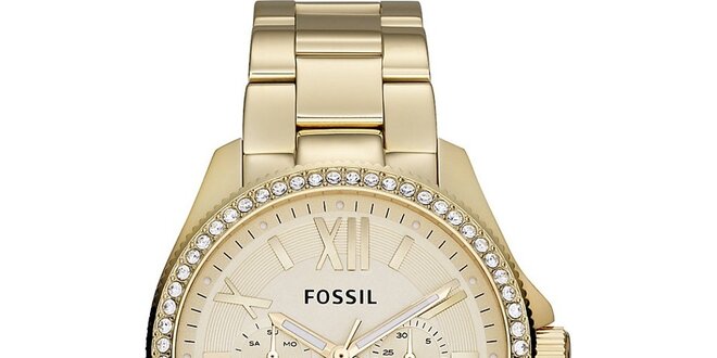 Dámske pozlátené analogové hodinky so zirkónmi Fossil