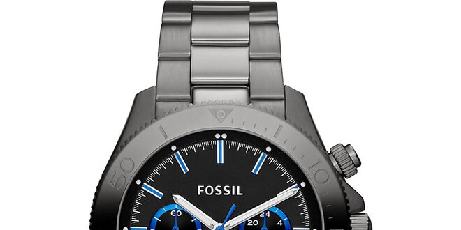 Pánske kovovo šedé analogové hodinky s modrými detailmi Fossil