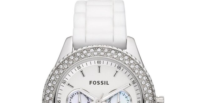 Dámske biele hodinky so zirkónmi a chronografom Fossil
