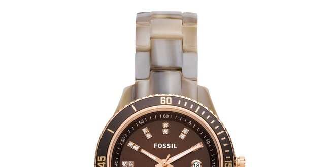 Dámske béžovo-hnedé hodinky so zirkónmi Fossil