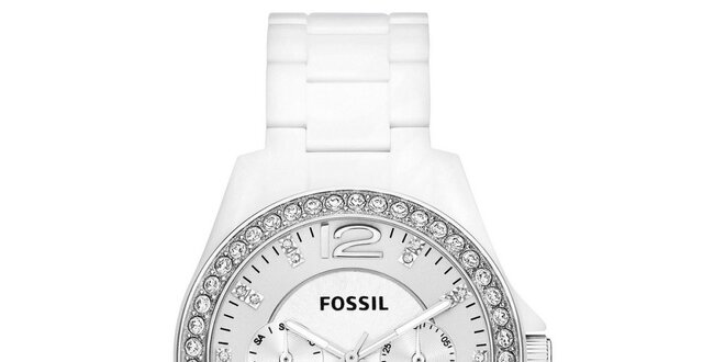 Dámske biele analogové hodinky so zirkónmi Fossil