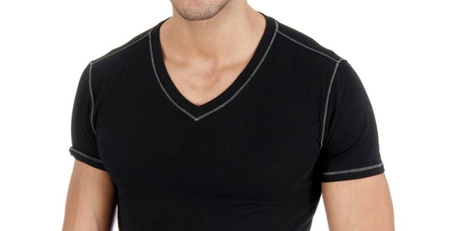 Pánske čierne tričko s véčkom a bielym prešívaním Polo Ralph Lauren