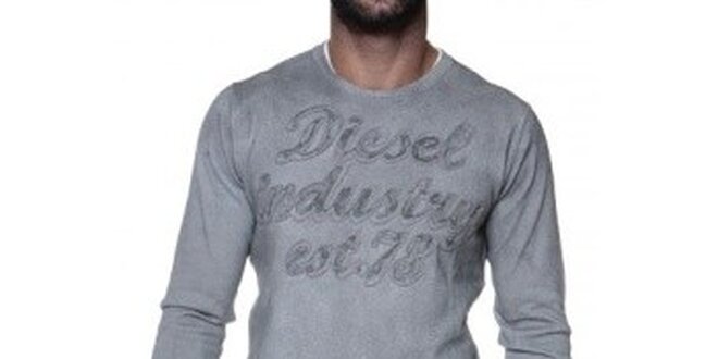 Pánsky šedý bavlnený pulóver s nápisom Diesel