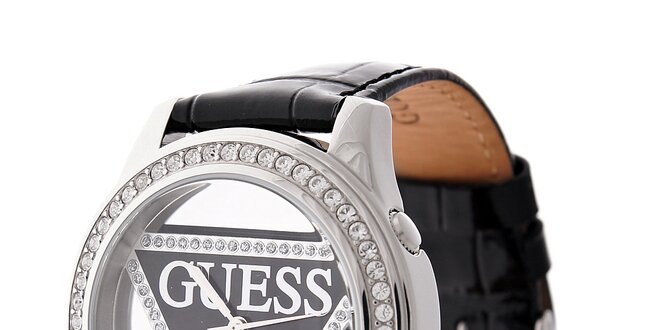 Dámske čierne hodinky Guess s koženým remienkom a transparentným ciferníkom