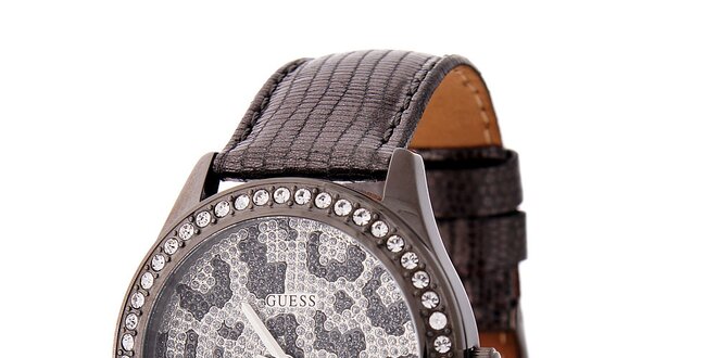 Dámske šedo-strieborné hodinky Guess s koženým remienkom