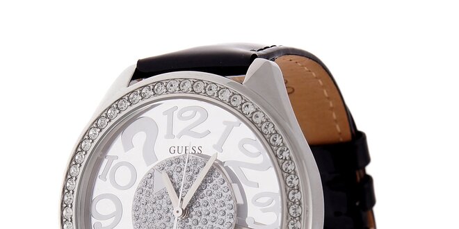 Dámske čierne hodinky Guess s koženým lakovaným remienkom a transparentným ciferníkom