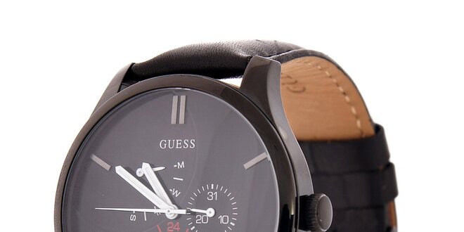 Pánske čierne hodinky Guess s koženým remienkom
