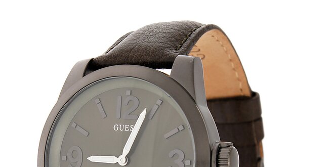 Pánske oceľovo šedé hodinky Guess s koženým remienkom