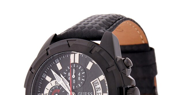 Pánske čierne hodinky Guess s koženým remienkom