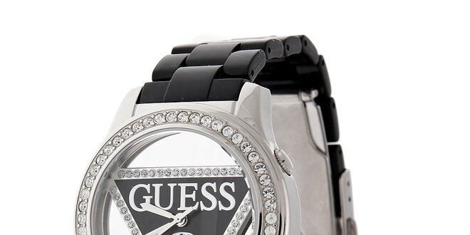 Dámske čierno-strieborné náramkové hodinky Guess s transparentným ciferníkom