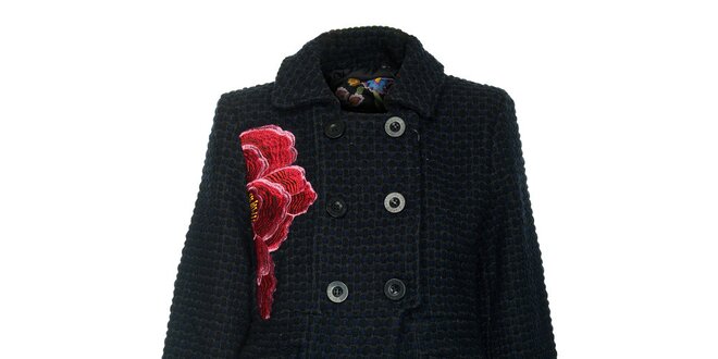 Dámsky tmavý kabát s kvetinovou aplikáciou Desigual