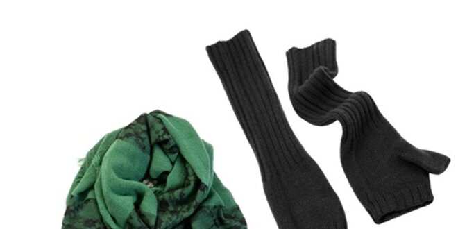 Dámsky set čiernych bezprstých rukavíc a zeleného šálu Invuu