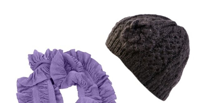 Dámsky set fialového nariaseného nákrčníku a čiernej čiapky Invuu