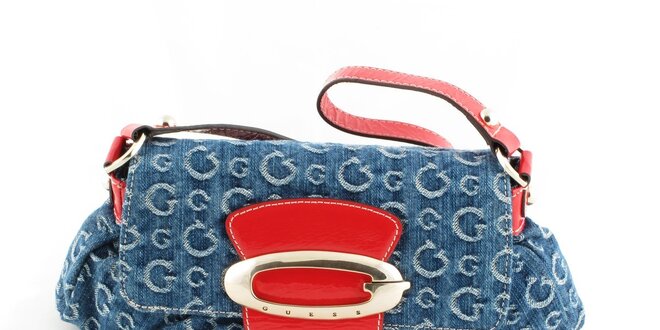 Dámska tmavo modrá denimová kabelka Guess s červenými detailami