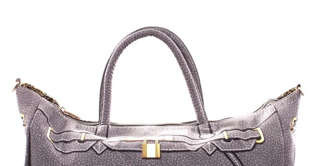 Dámska šedá kabelka s potlačou zlatého zámčeku London Fashion