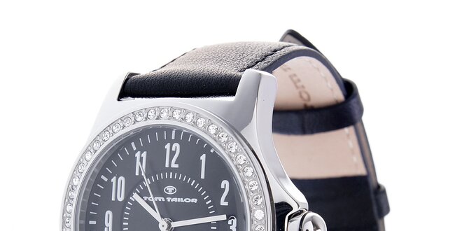 Dámske čierne hodinky Tom Tailor s trblietavými kamienkami