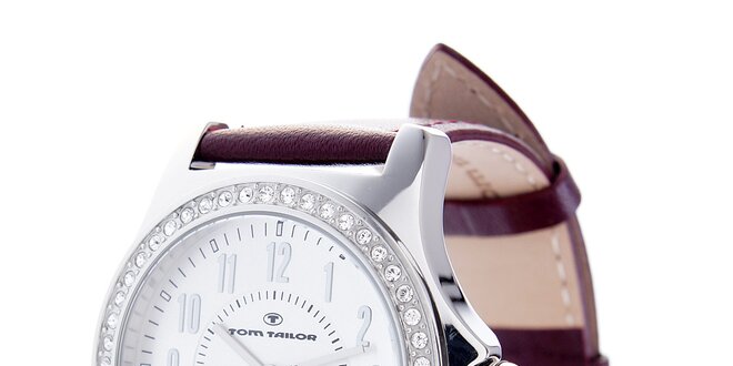 Dámske oceľové hodinky Tom Tailor s tmavo hnedým koženým remienkom