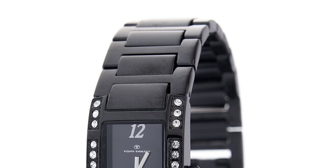 Dámske čierne oceľové hodinky Tom Tailor s kamienkami