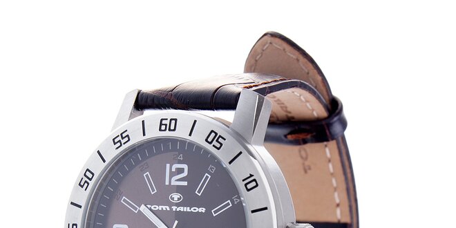 Oceľové hodinky Tom Tailor s tmavo hnedým koženým remienkom