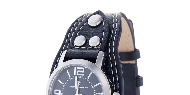 Dámske oceľové hodinky Tom Tailor s čiernym koženým remienkom