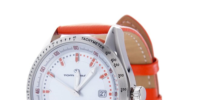Štýlové oceľové hodinky Tom Tailor s oranžovým koženým remienkom