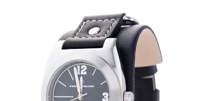 Štýlové oceľové hodinky Tom Tailor s čiernym koženým remienkom