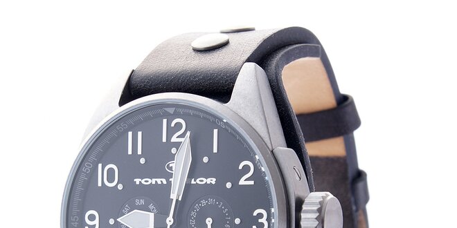 Pánske čierne hodinky Tom Tailor s koženým remienkom