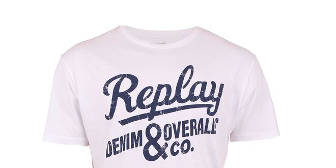Pánske biele tričko s modrým nápisom Replay