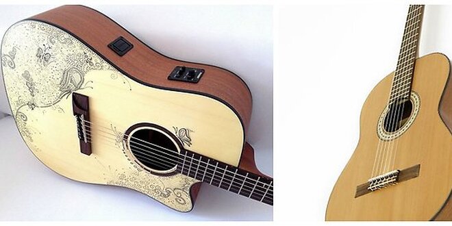 Elektroakustická gitara s ručne kreslenými motívmi alebo klasická gitara vyrobená v španielskej dielni