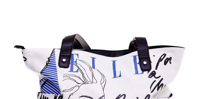 Dámska biela kabelka Elle "shopper" s modrou potlačou