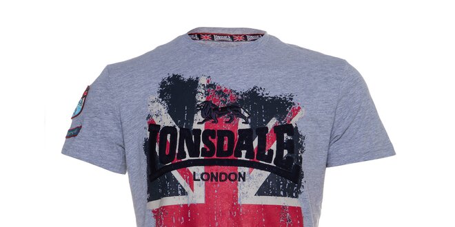 Pánske šedé melírované tričko Lonsdale s potlačou britskej vlajky