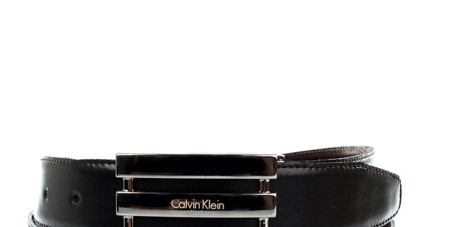 Pánsky čierny obojstranný opasok Calvin Klien s trojitou striebornou sponou