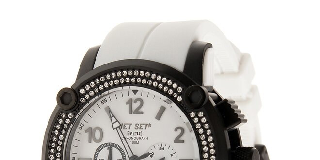 Čierne ocelové hodinky Jet Set s kryštálmi a bielym plastovým remienkom