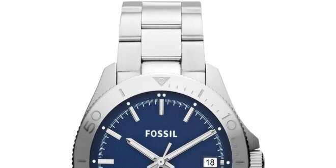 Pánske strieborné hodinky s modrým ciferníkom Fossil