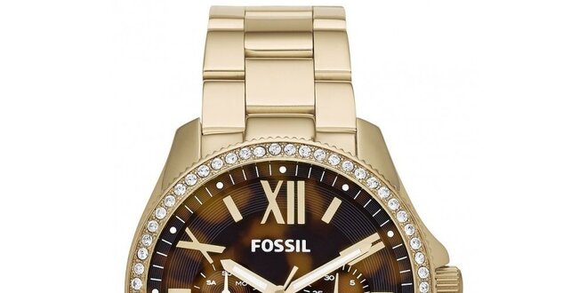 Dámske pozlátené hodinky s kamienkami Fossil