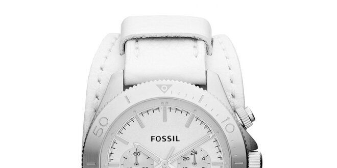 Pánske strieborné hodinky so širokým bielym remienkom Fossil