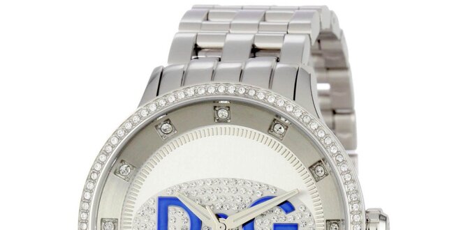 Dámske hodinky s okrúhlym púzdrom osadeným zirkónmi a logom Dolce & Gabbana