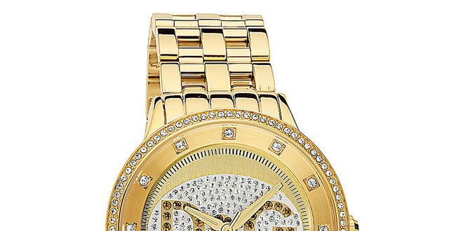 Dámske hodinky s okrúhlym púzdrom osadeným zirkónmi a logom v zlatej farbe Dolce & Gabbana