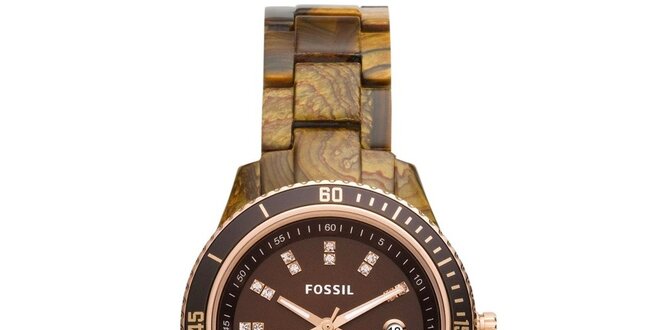 Dámske hnedé hodinky s kamienkami a žihaným remienkom Fossil