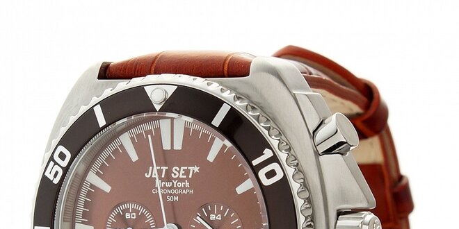 Pánske ocelové hodinky Jet Set s hnedým koženým remienkom