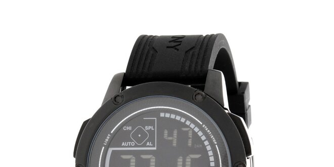 Unisexové čierne digitálne hodinky s guľatým ciferníkom DKNY