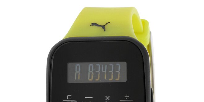 Pánske čierne digitálne hodinky so žltým remienkom Puma