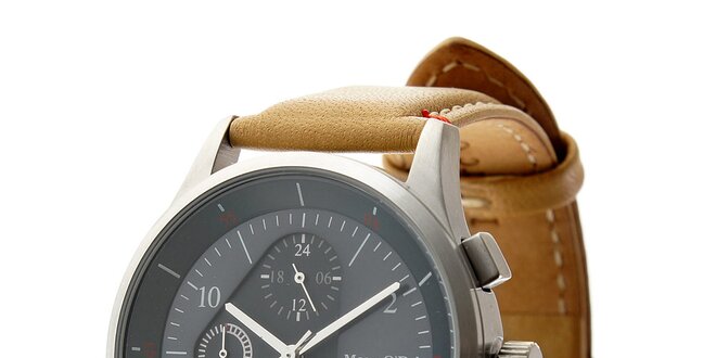 Štýlové ocelové hodinky Marc O´Polo so svetlo hnedým koženým remienkom