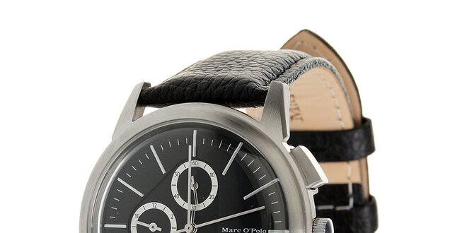 Štýlové oceľové hodinky Marc O´Polo s čiernym koženým remienkom