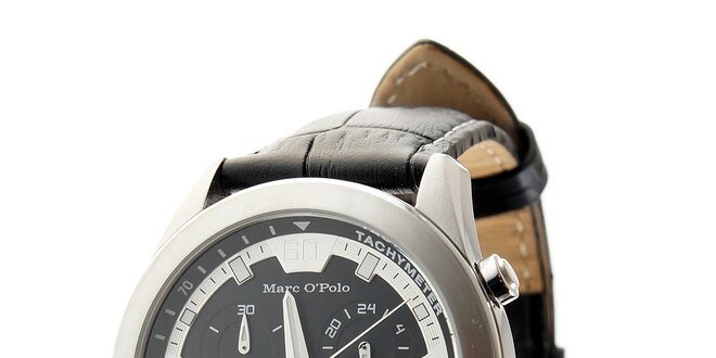 Štýlové ocelové hodinky Marc O´Polo s čiernym koženým remienkom