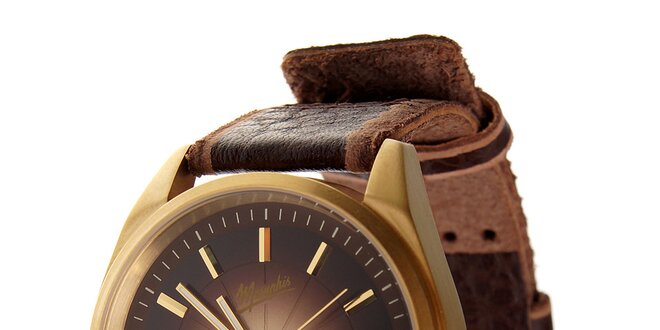 Pánske zlaté oceľové hodinky Memphis s hnedým koženým remienkom