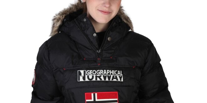 Dámska čierna bunda s kapucňou a kožúškom Geographical Norway